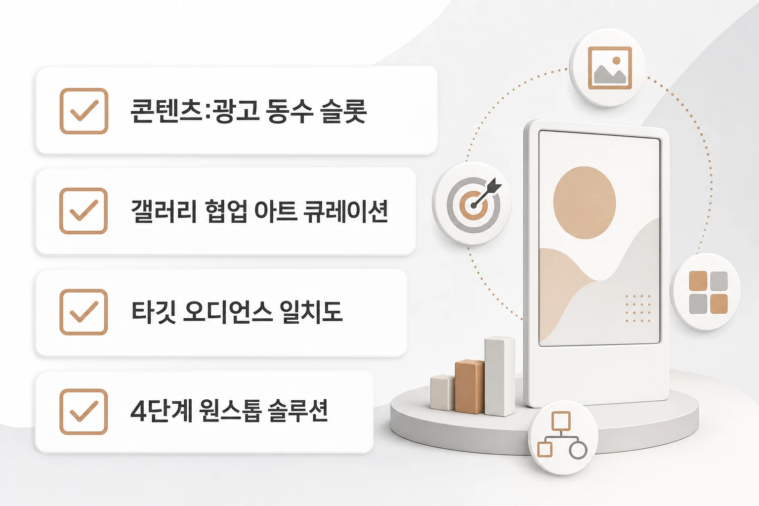 DOOH 매체 파트너 선택 시 확인해야 할 4가지 핵심 기준 체크리스트: 콘텐츠·광고 동수 슬롯, 갤러리 협업 아트 큐레이션, 타깃 오디언스 일치도, 4단계 원스톱 솔루션