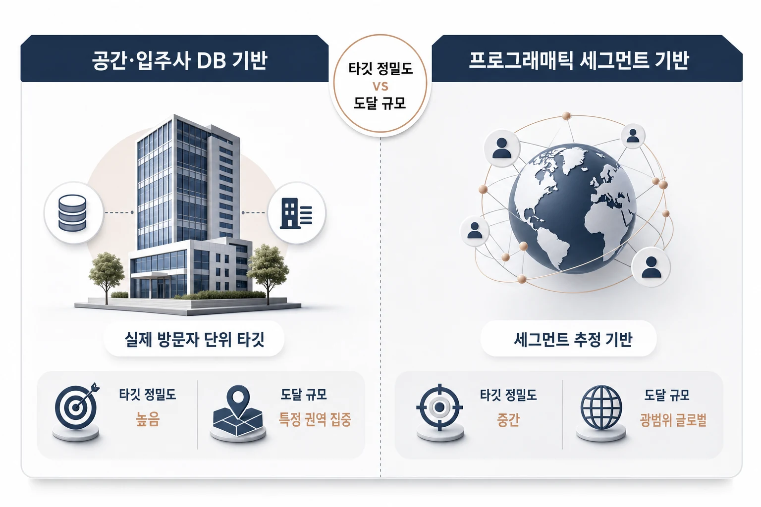 공간·입주사 DB 기반 DOOH 타깃팅과 프로그래매틱 세그먼트 기반 DOOH 타깃팅의 타깃 정밀도 및 도달 규모 비교 다이어그램