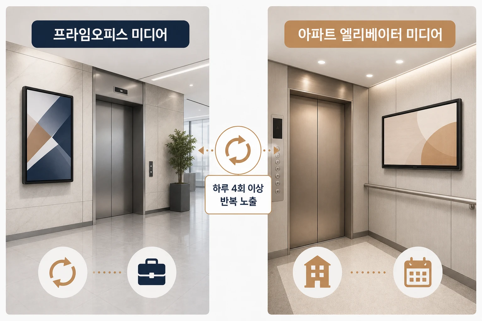 오피스 vs 아파트 엘리베이터 미디어 비교: 타깃과 노출 방식의 차이 프라임오피스 미디어와 아파트 엘리베이터 미디어의 타깃·노출 방식 비교 다이어그램