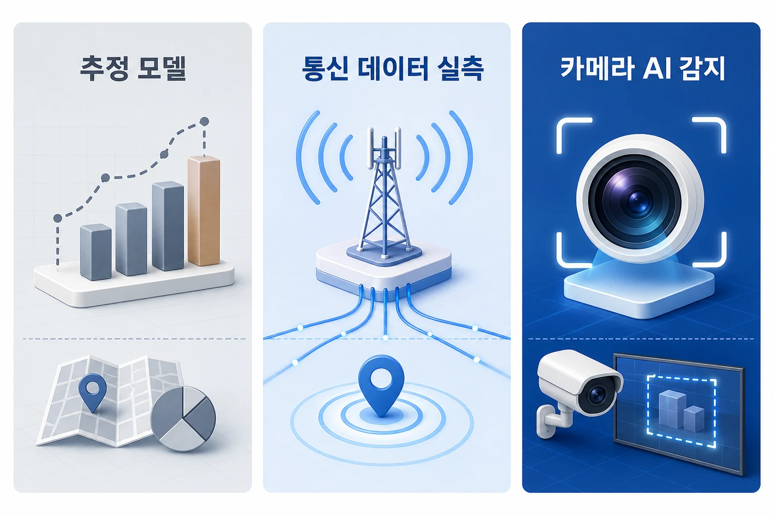 DOOH 임프레션 측정 방식 비교 — 추정 모델 vs 통신 데이터 실측 vs 카메라 AI 감지 DOOH 임프레션 측정 방식 3가지 비교: 추정 모델, 통신 데이터 실측, 카메라 AI 감지의 구조적 차이를 나타낸 다이어그램